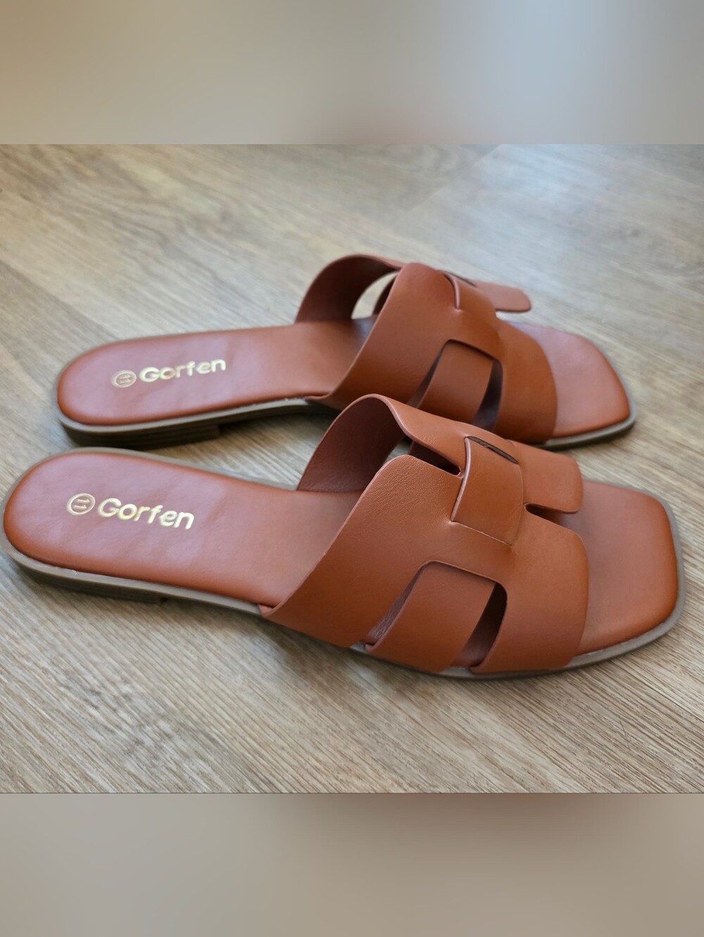 Gorfen Women's Tan Leather Slide Sandals - Classic Square Open-Toe Slip-On
